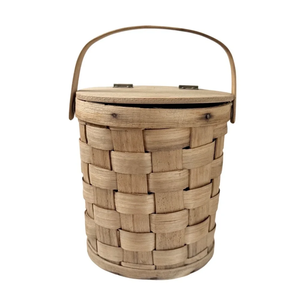 Handmade Lidded Woven Wood Basket Swing Handle Primitive Farmhouse Decor  5.5